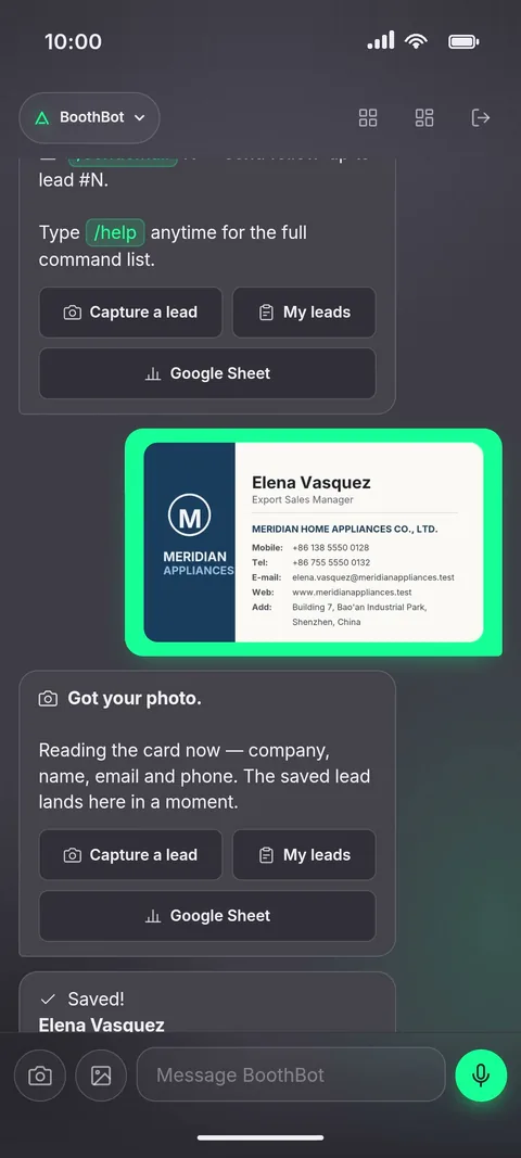 BoothBot reading a business card and saving the lead