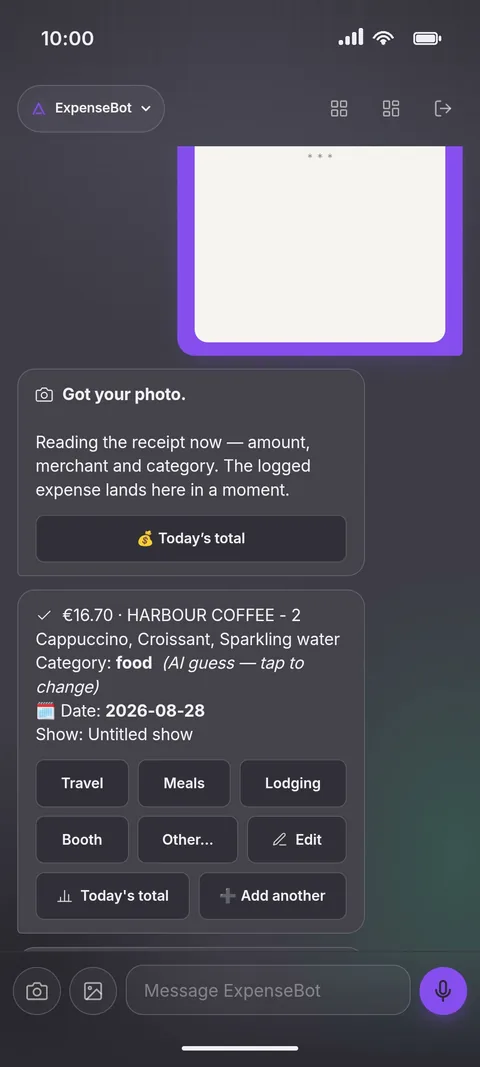 ExpenseBot reading a receipt and logging the expense with category buttons