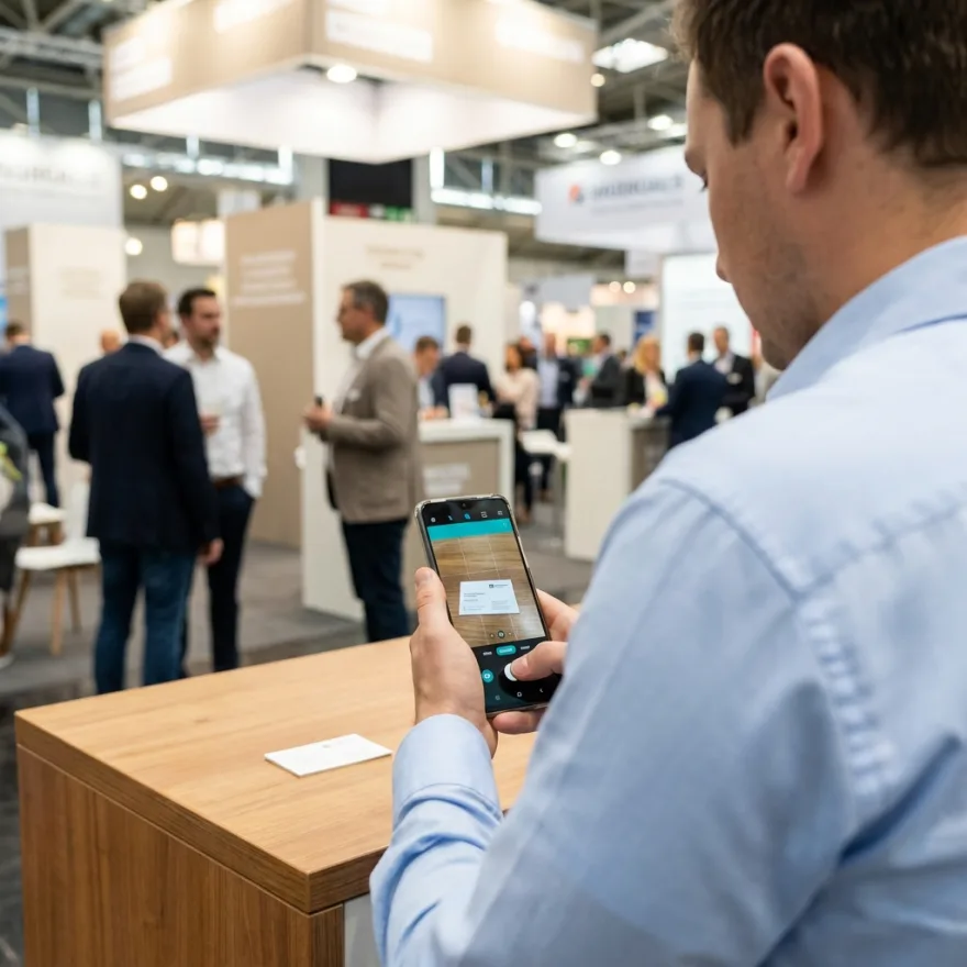 Exhibitor photographing a business card with a phone at a busy trade-show booth