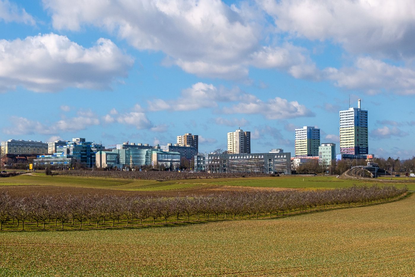City skyline with green fields and high-rise buildings under a bright blue sky with clouds.