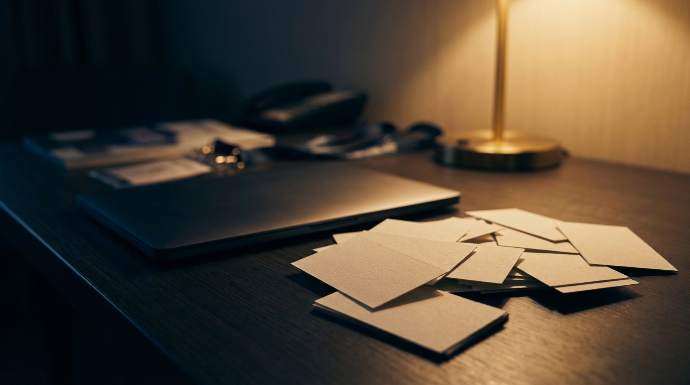 Business cards on a hotel desk after a show day