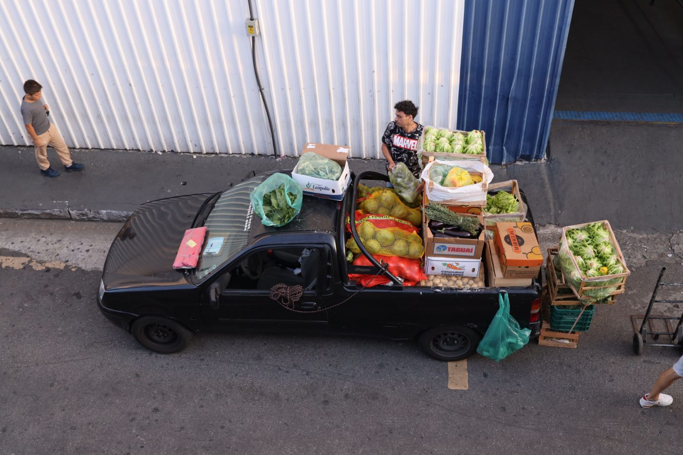 Black truck filled with various fresh vegetables parked on city street, viewed from above.